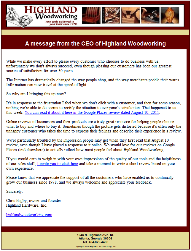 Letter from Highland Hardware